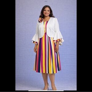 Masseys Mod 60s 70s Striped Dress & Bolero Jacket Set | Bell Sleeves Corsage 16W